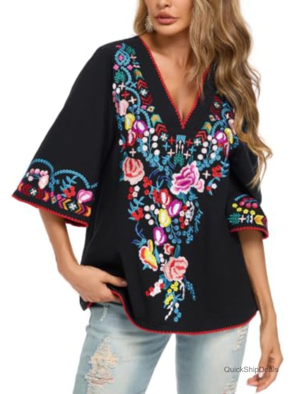 Peasant Blouse Mexican Embroidered Boho Tunic Top 3/4 Sleeve V-Neck